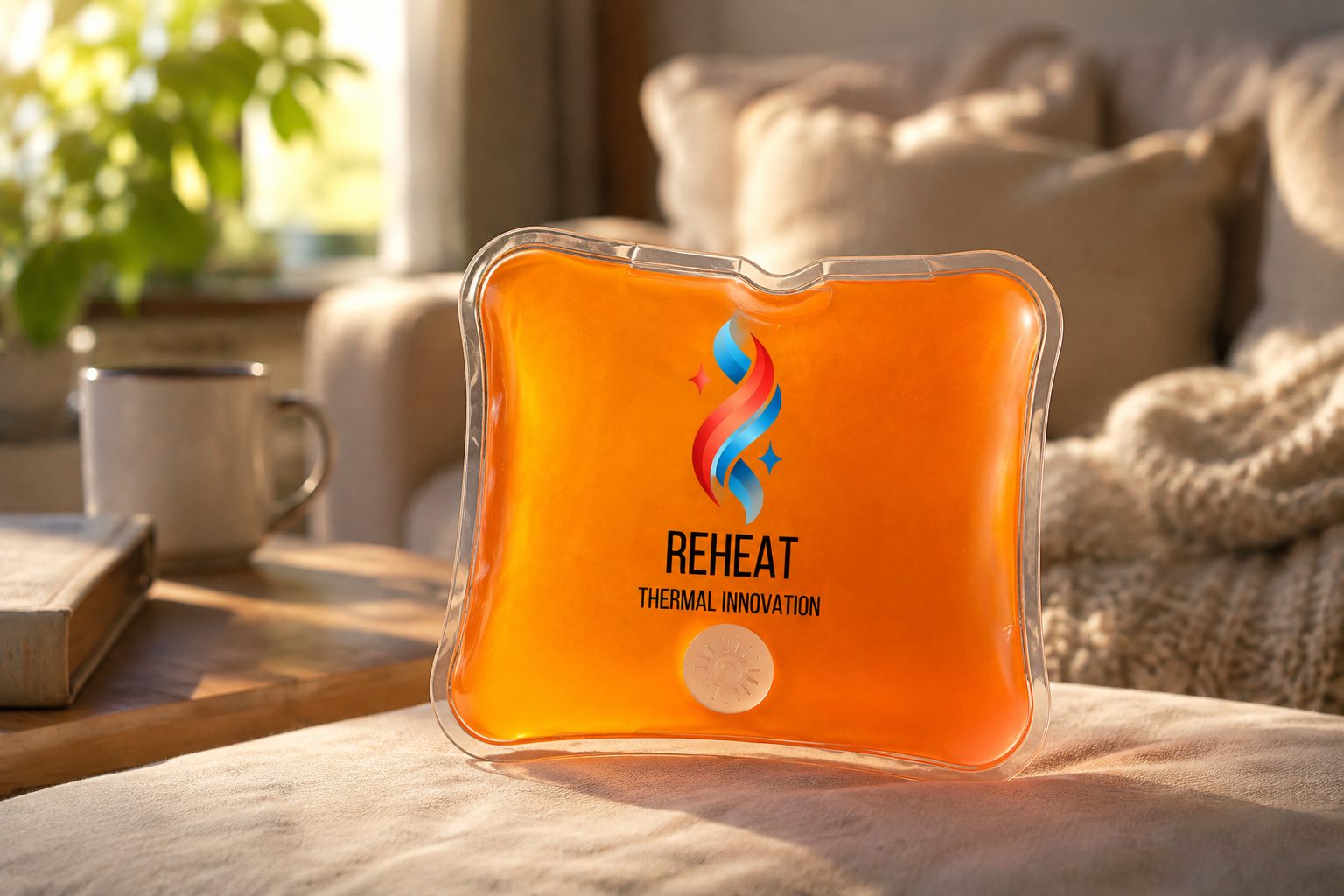 Pad térmico ReHeat naranja sobre una mesa de living